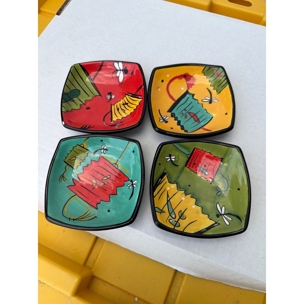 Clay Art Ceramic Appetizer Plates Set of 4 Lantern Dragonfly Square 4in